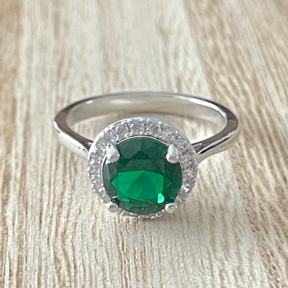 Round Emerald Quartz Halo Ring - 925 Sterling Silver - Picture 1 of 5